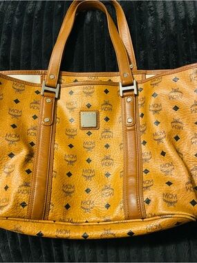 MCM Cognac Logo Canvas Shopper Tote